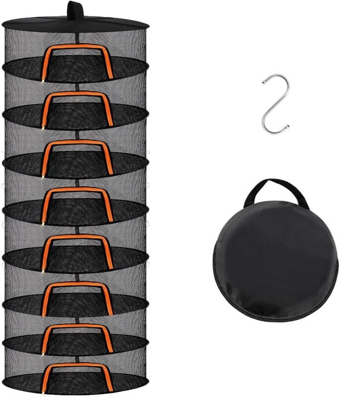 Relaxdays Trockennetz faltbar, Dörrnetz 8 Ebenen für Kräuter, Obst, Gemüse, Fischtrockner zum Aufhängen, orange/schwarz