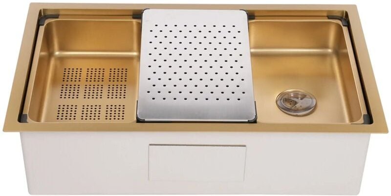 76 x 45,8 x 22 cm Aufsatzspüle für die Küche, Edelstahlspüle mit Abtropfkorb, komplettes Spülenzubehör (Gold)