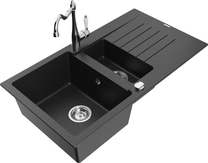 Matias 1,5-Becken-Granitspüle mit Abtropffläche und Mischbatterie Carla Schwarz/Silbermetallic - Mexen