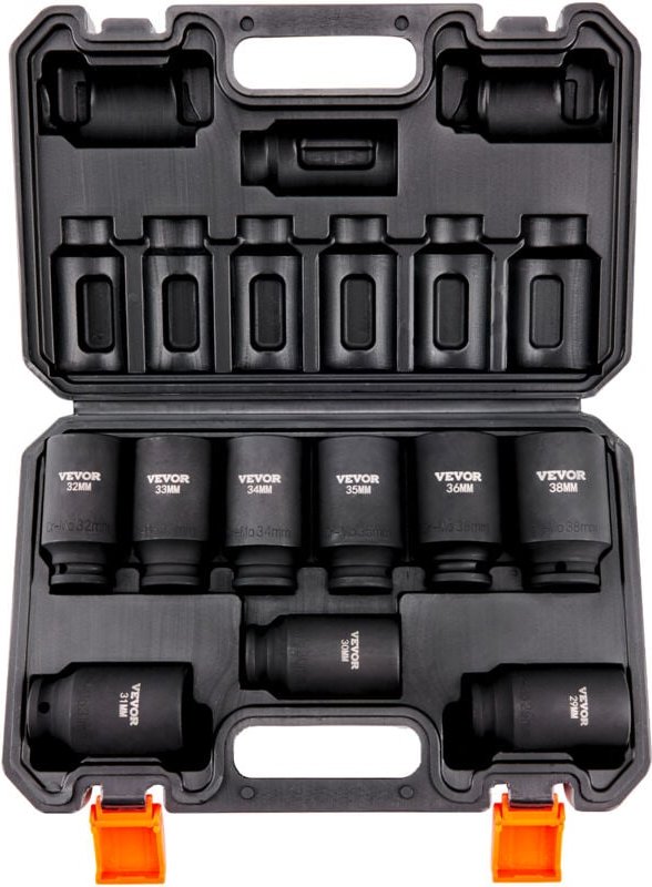 Vevor 1/2 Zoll Steckschlüsselsatz CR-V-legierter Stahl 9-tlg Steckschlüssel Satz 29-38 mm Tiefe Stecknüsse Schlagschraub...