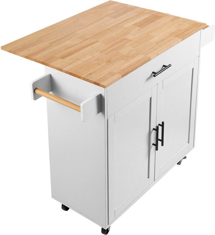Mophorn Kücheninselwagen, 35,4 Zoll breit, Massivholzplatte, mobiler Aufbewahrungstisch mit Schrank, Gewürzregal, Handtu...