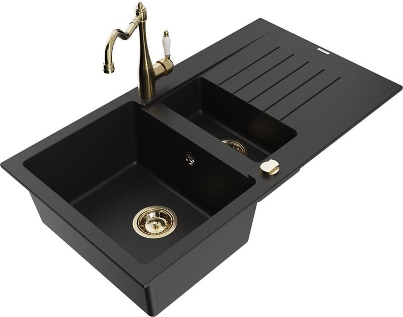 Matias 1,5-Becken-Granitspüle mit Abtropffläche und Mischbatterie Carla, Schwarz - 6502-77-670 - Mexen