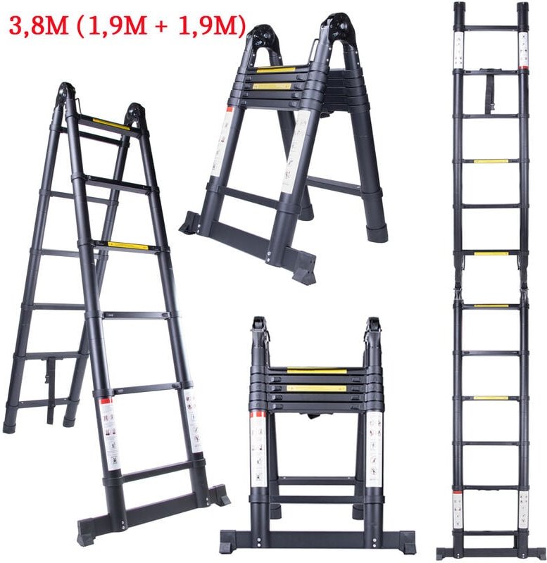 Teleskopleiter, Aluleiter Ausziehbar Klappleiter mit 12 Sprossen bis 150 kg Tragfähigkeit (3.8M/Schwarz)