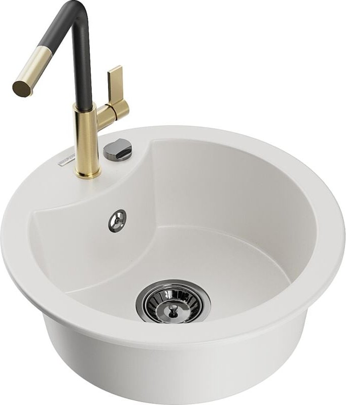 Diego 1-Becken-Granitspüle mit Mischbatterie Flora, Weiß - 6512-20-670401-57-B - Mexen