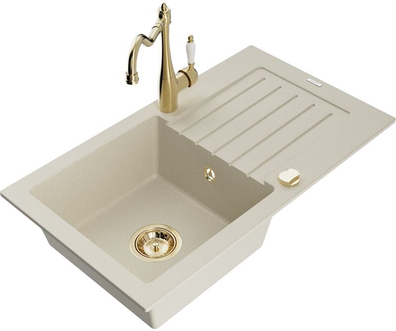 Pablo 1 Becken-Granitspüle mit Abtropffläche und Mischbatterie Carla, Beige - 6510-69-670700-5 - Mexen