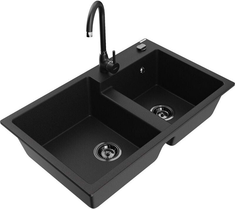 Thumbnail - Tomas 2-Becken-Granitspüle mit Mischbatterie Telma, Schwarz - 6516-77-670200-70-B - Mexen
