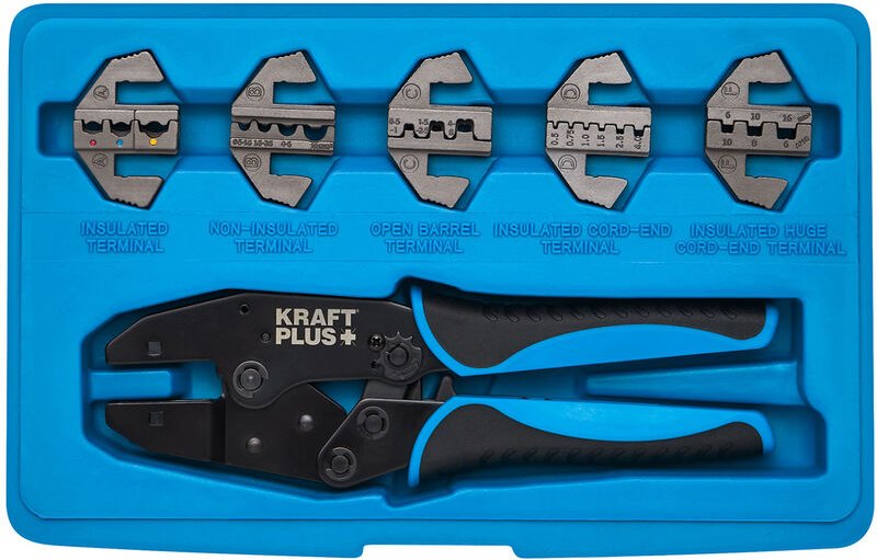 Kraftplus - K.105-1401 Crimpzangen Satz Presszange inkl. 5 Paar Crimpbacken Kabelschuhzange Set Crimpwerkzeug Ratschenfu...