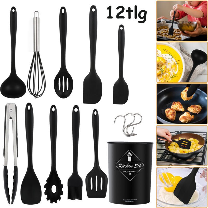 Thumbnail - SWANEW Küchenhelfer Set 12 tlg hitzebeständiges Silikon+10 S-Haken, schwarz Kochutensilien Tools mit Behälter,Grillzange...