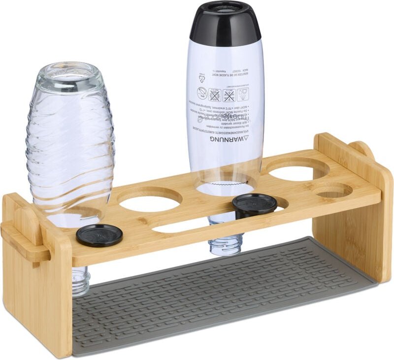 Relaxdays - Flaschenhalter kompatibel mit Sodastream-Flaschen, Bambus, Silikon-Abtropfmatte, 4er Abtropfhalter, natur/gr...
