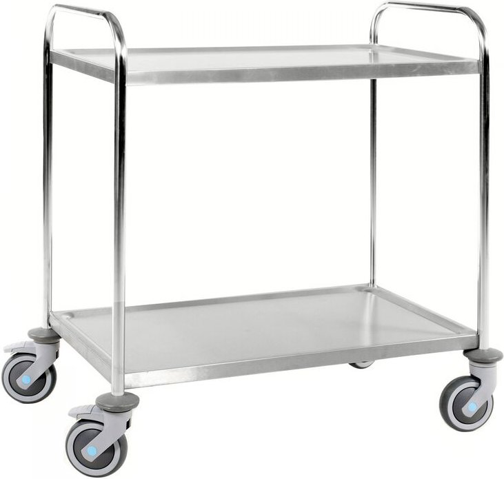 Kongamek Edelstahl- Tischwagen rostfrei mit 2 Böden 825x500mm mit Gummibereifung und Bremse