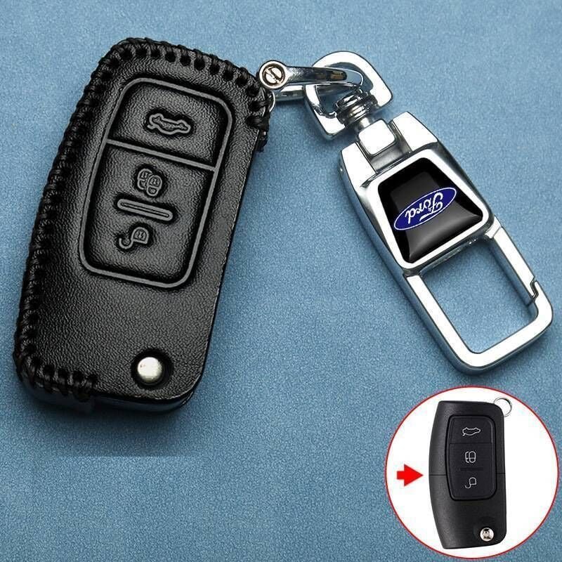 Leder-Schlüsseletui für Ford, 3 Tasten, mit Schlüsselanhänger, Fiesta, Focus, Galaxy, Fusion, S-Max, Kuga, Ecosport, Sch...