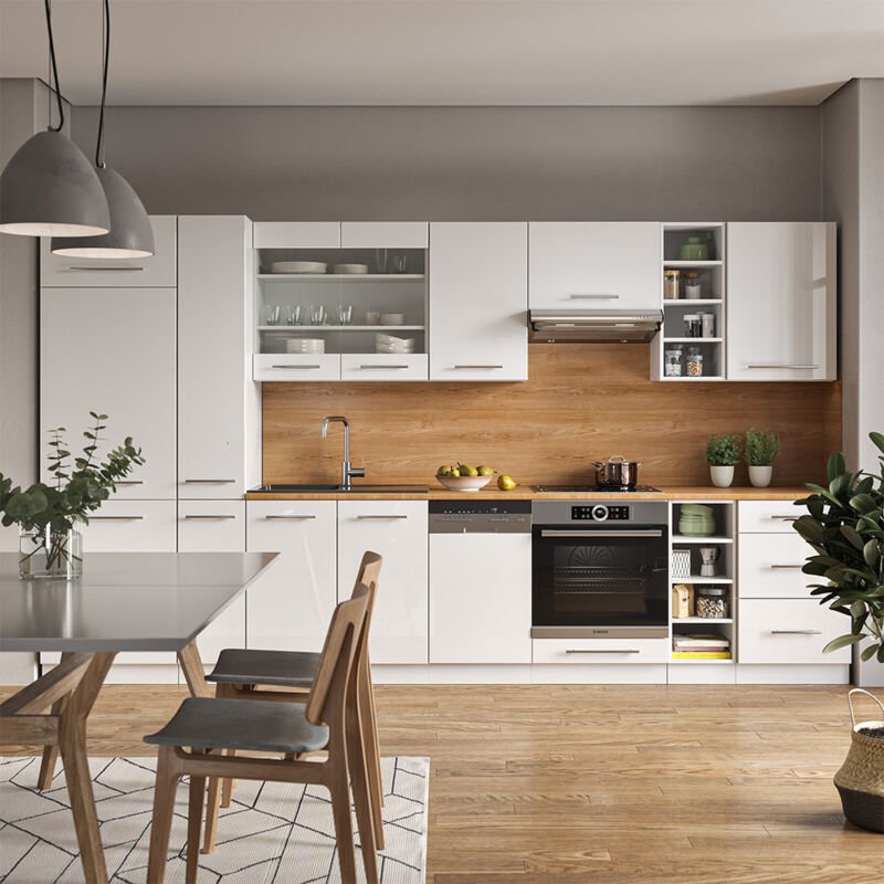 Vicco - Küchenzeile Fame-Line, Weiß Hochglanz/Weiß, 355 cm ohne Arbeitsplatte