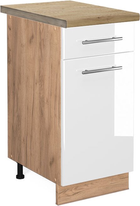 Vicco - Küchenunterschrank Fame-Line, Weiß Hochglanz, 40 cm , ap Eiche