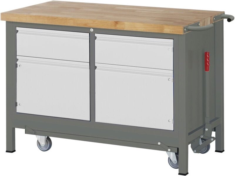 Werkbank Premium, mit abs. Fahrgestell, 2 Schubladen und 2 Türen, 125x70x88cm, Stahl und Buche - Stier