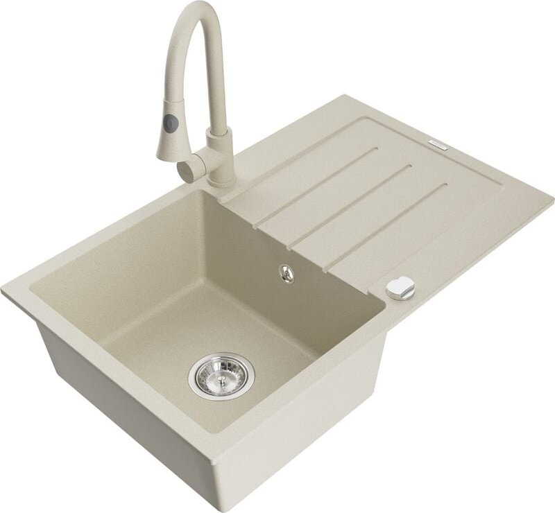Bruno 1 Becken-Granitspüle mit Abtropffläche und Mischbatterie Elia, Beige - 6513-69-670101-69 - Mexen