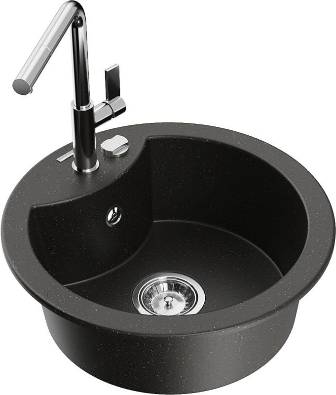 Diego 1-Becken-Granitspüle mit Mischbatterie Flora, Schwarz/Gold metallisch - 6512-75-670401-00 - Mexen