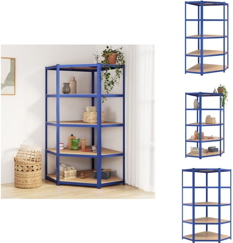 Eckregal mit 5 Böden Blau Stahl & Holzwerkstoff - Eckregal - Industrielles Regal - Metallregal - Lageregel - Werkzeugreg...