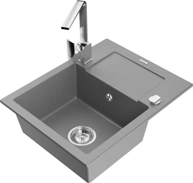 Enzo 1 Becken-Granitspüle mit Abtropffläche und Mischbatterie Rita, Grau - 6506-71-670300-00 - Mexen