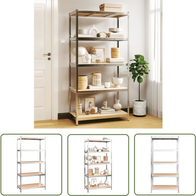 Lagerregal mit 5 Böden Silbern Stahl & Holzwerkstoff - Lagerregal - Industrieregals - Metallregal - Werkzeugschrank - Ho...