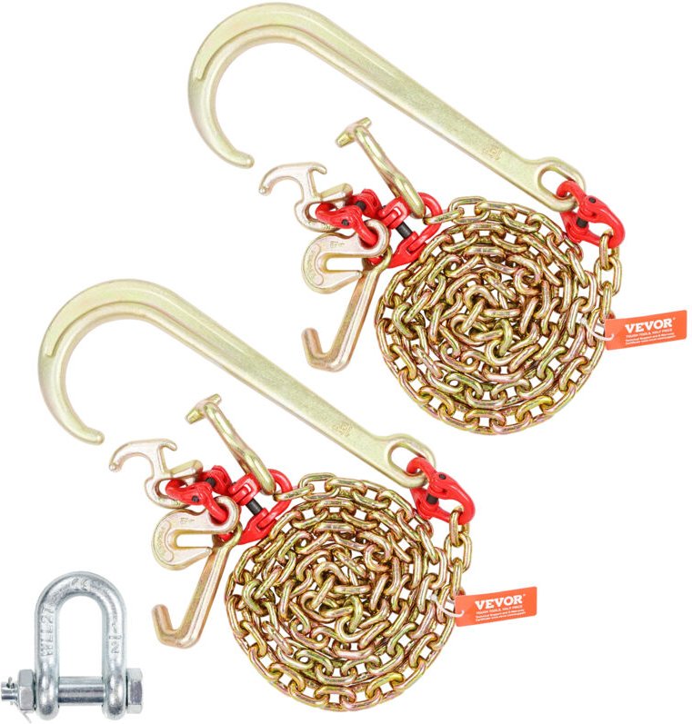 J-Haken-Kette, 2 Stück 5/16 Zoll x 6 Fuß G80 15 Zoll langer Schaft J-Haken-Abschleppkette mit RTJ-Clusterhaken und Greif...