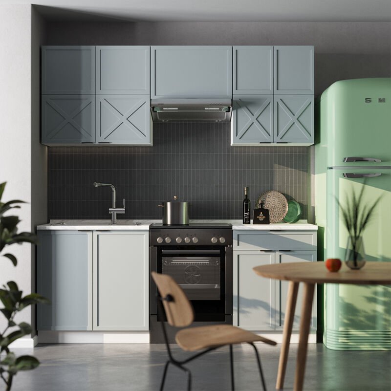 Küchenzeile Fame-Line, Hellblau-grau/Weiß, 200 cm , AP Anthrazit, Vicco