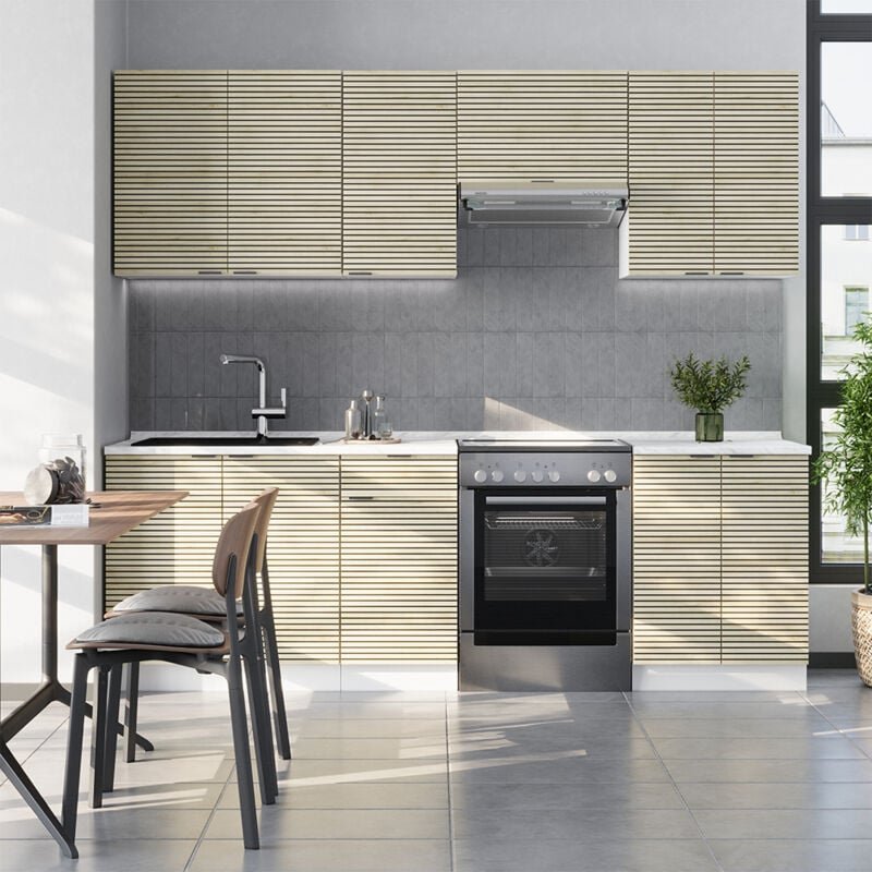 Vicco - Küchenzeile Fame-Line, Eiche Paneel/Weiß, 240 cm , ap Marmor