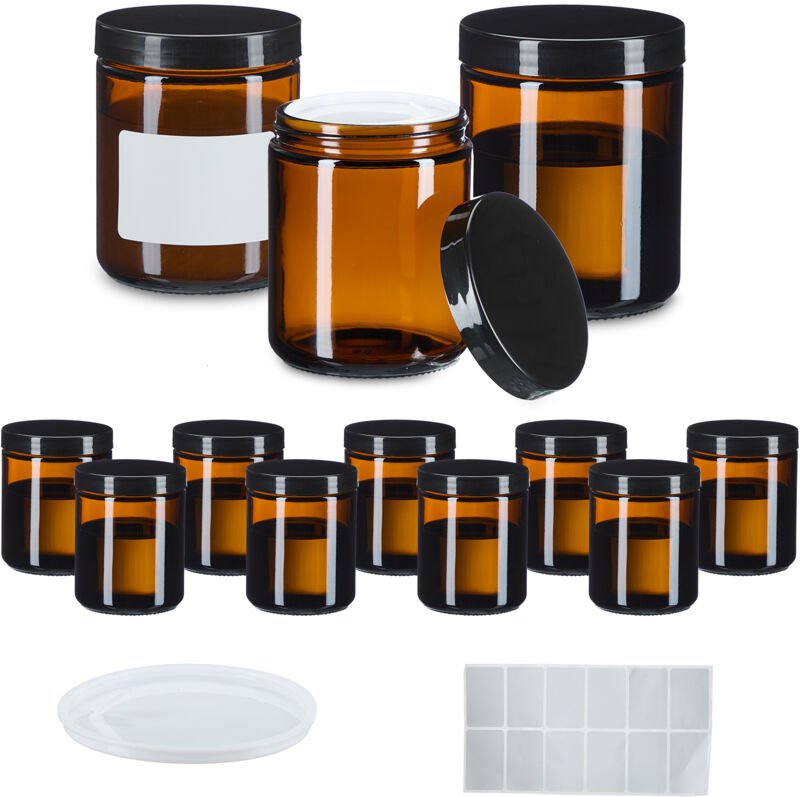 Relaxdays - Salbentiegel, 12er Set, 240 ml, Braunglas, Tiegel mit Schraubdeckel, Abdeckscheiben, Etiketten, braun/schwar...