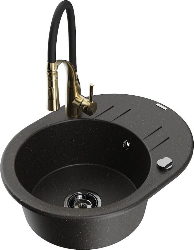 Kevin 1 Becken-Granitspüle mit Abtropffl√§che und Mischbatterie Aster, Schwarz/Gold metallisch - 6517-75-73450-57-B - Me...