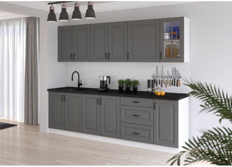 Küchenmöbel-Set Küchenzeile Ariatte 260 cm mit Hängeschränken Dunkelgrau Weiß - Furnix