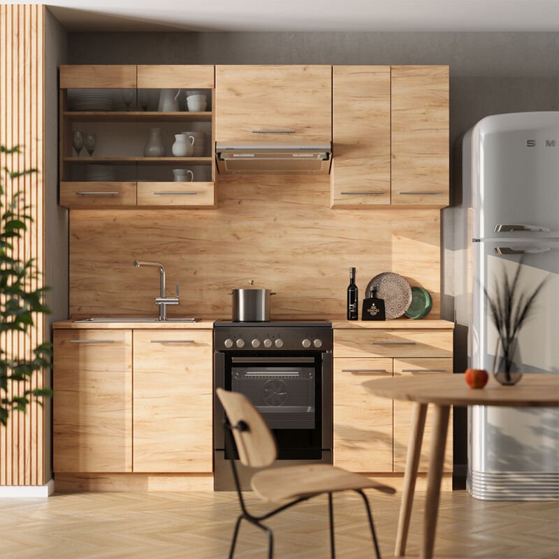 Küchenzeile Fame-Line, Goldkraft Eiche, 200 cm , AP Anthrazit, Vicco