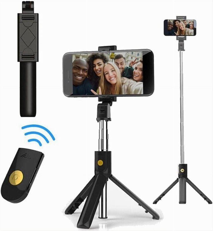 Trade Shop Traesio - Trade Shop - 3-in-1-Stativ, Selfie-Stick, Bluetooth, ausziehbare Stange mit tragbarer Fernbedienung...