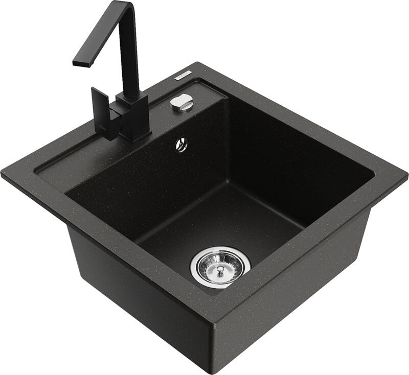 Vito 1-Becken-Granit-Spüle mit Mischbatterie Rita, Schwarz/Gold metallisch - 6503-75-670300-70 - Mexen