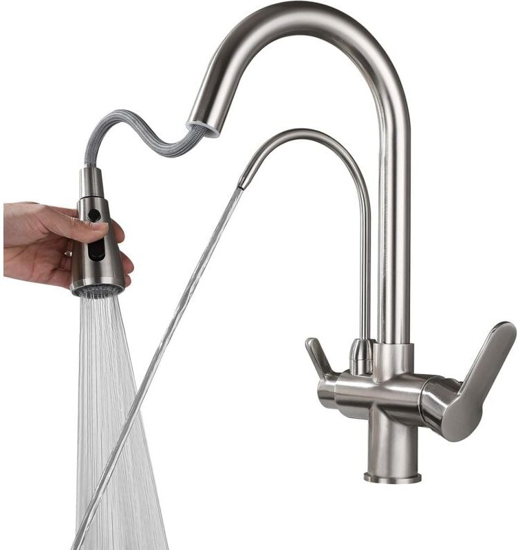 Thumbnail - Crediri Einhebel-Küchenarmatur, Küchenbrause, 3-Wege-Küchenarmaturen aus Messing, heißes und kaltes Trinkwasser, 2-Griff...