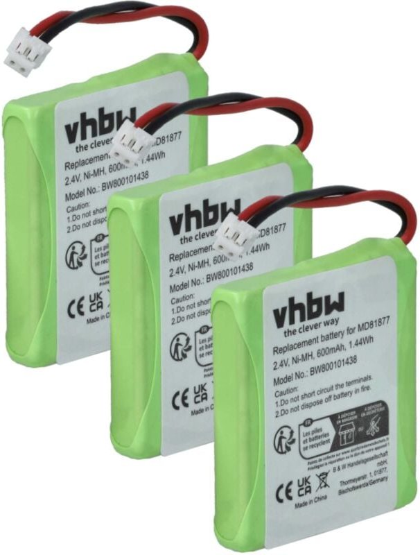Vhbw - 3x Akku (600 mAh, 2,4 v, NiMH) kompatibel mit iDect S2, S2i schnurlos Festnetz Telefon (600 mAh, 2,4 v, NiMH)
