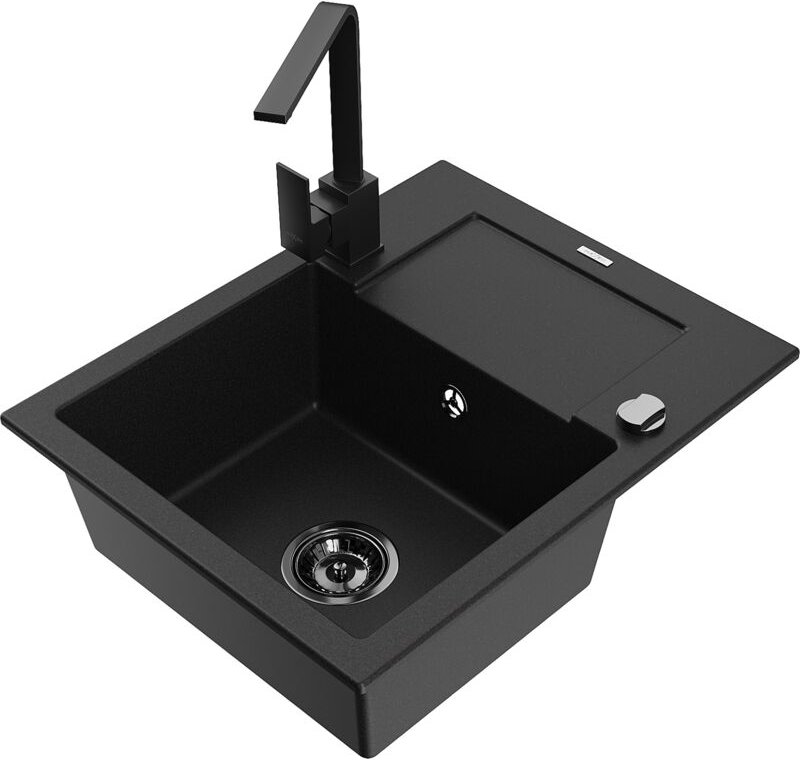 Mexen Enzo 1 Becken-Granitspüle mit Abtropffläche und Mischbatterie Rita, Schwarz - 6506-77-670300-7
