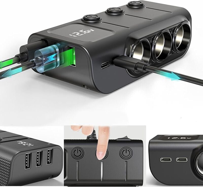 Thumbnail - Auto-Zigarettenanzünder-Ladegerät, Splitter-Basis, 120 w, Zigarettenanzünder-Adapter mit 3 USB-Anschlüssen, separater Sc...
