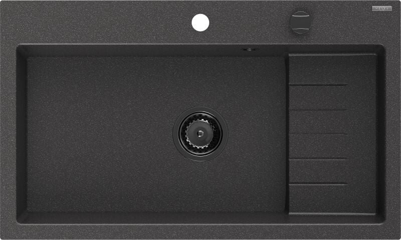 Omar Granitspüle 1-beckig 800 x 480 mm, schwarz gefleckt, schwarzer Siphon - 6520801005-76-B - Mexen