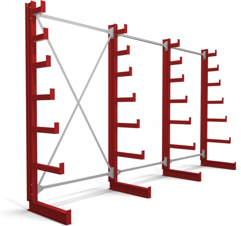 Kragarmregal einseitig 3 Felder mit 6 absteigenden Ebenen 3900x2000x500mm feuerrot - Stier