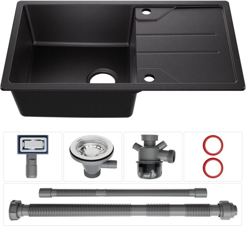 Cecipa Max - derw max Unterbauspüle aus Quarz und Harz, Schwarzes 1-Becken-Spülbecken, Küchenspüle mit Ablage (78 x 45 c...