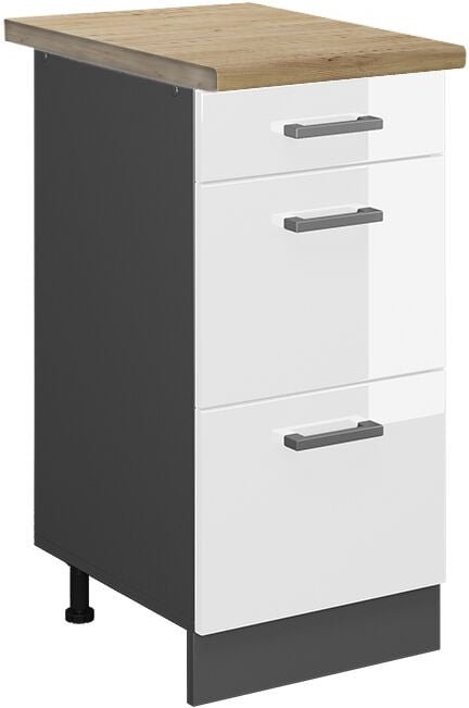 Küchenunterschrank R-Line, Weiß Hochglanz, 40 cm mit Schubladen, ap Eiche Vicco
