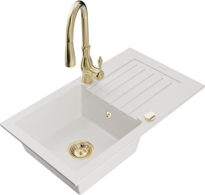 Pablo 1 Becken-Granitspüle mit Abtropffläche und Mischbatterie Savita, Weiß - 6510-20-672601-5 - Mexen