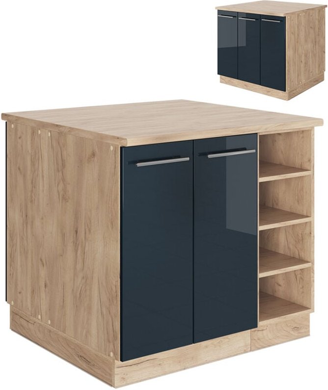 Vicco - Kücheninsel Fame-Line, Dunkelblau Hochglanz/Goldkraft Eiche, 90 cm ohne Arbeitsplatte