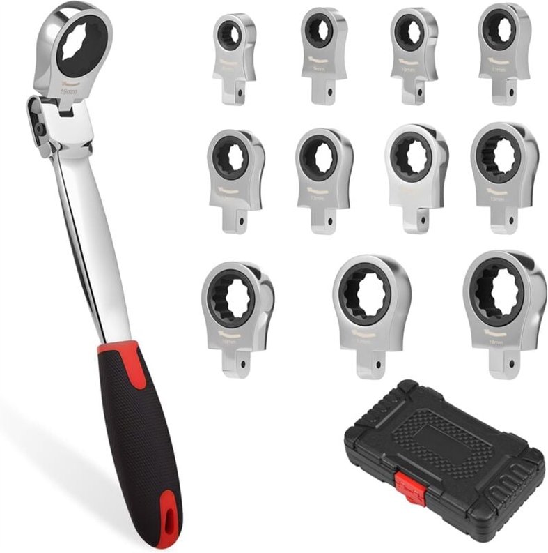 Ratschenschlüsselsatz mit flexiblem Kopf, 8–19 mm metrisches Ratschenwerkzeug mit austauschbaren Köpfen und Aufbewahrung