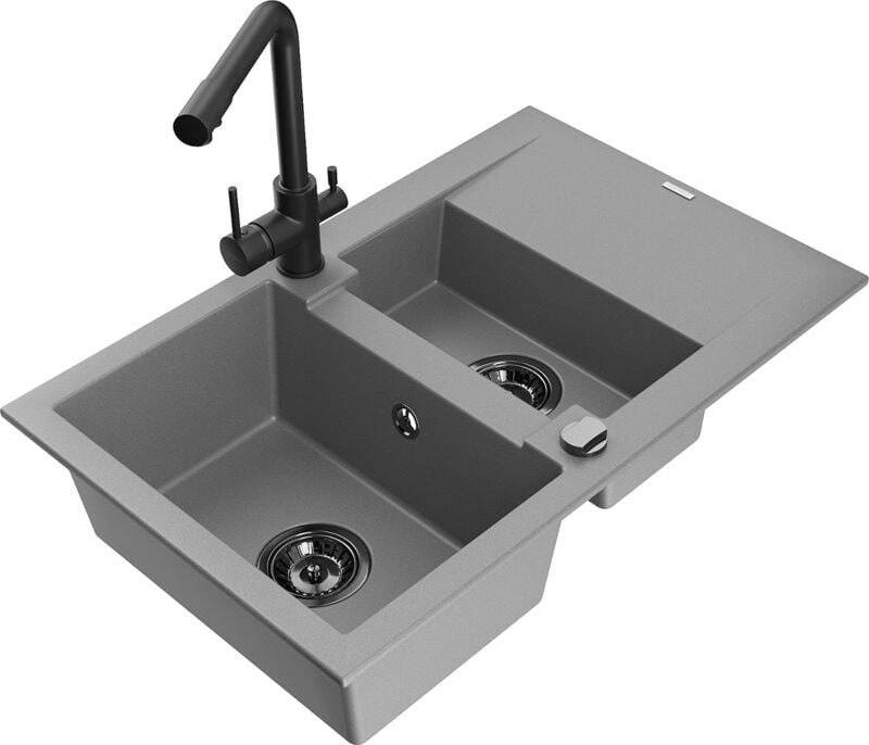 Mexen Gaspar 1,5-Becken-Granitspüle mit Abtropffläche und Mischbatterie Duero, Grau - 6507-71-671600
