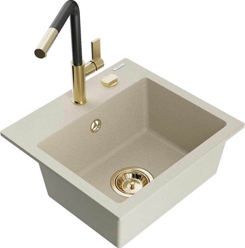 Milo 1-Becken-Granitspüle mit Mischbatterie Flora, Beige - 6505-69-670401-57-G - Mexen