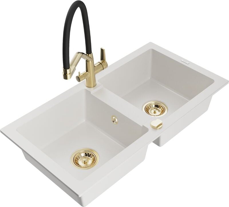 Mario 2-Becken-Granitspüle mit Mischbatterie Duo, Weiß - 6504-20-671701-57-G - Mexen