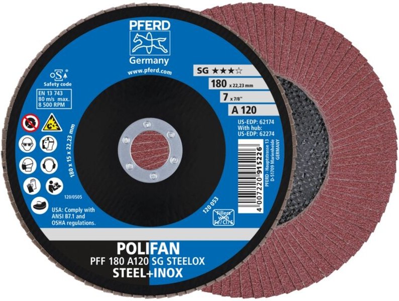 PFERD TOOLS POLIFAN Fächerscheibe PFF 180x22,23 mm flach A120 Leistungslinie SG STEELOX Stahl/Edelstahl