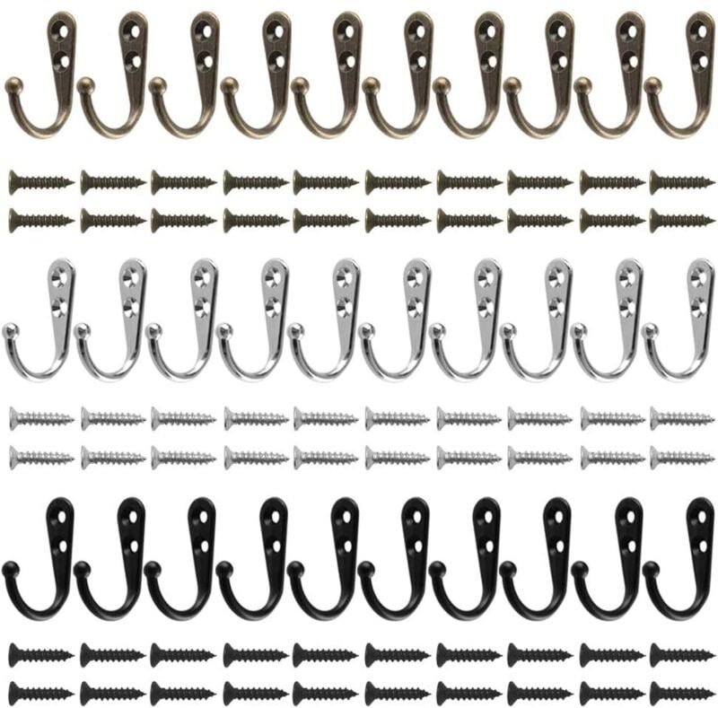 Linghhang - Schwarz, Silber, Bronze) 30 Stück Kleiderbügel/Bademantelhaken zur Wandmontage mit 60 Schrauben