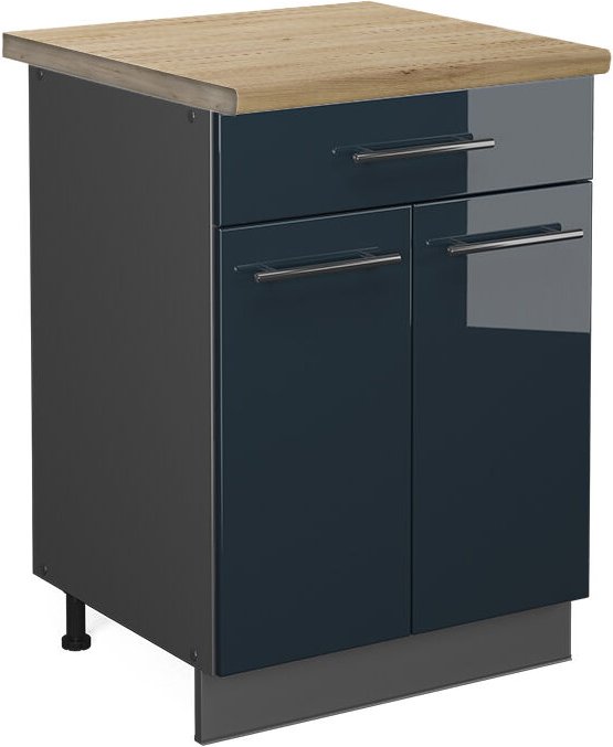 Küchenschränke Fame-Line, Dunkelblau Hochglanz, 60 cm mit Schublade, AP Eiche, Vicco