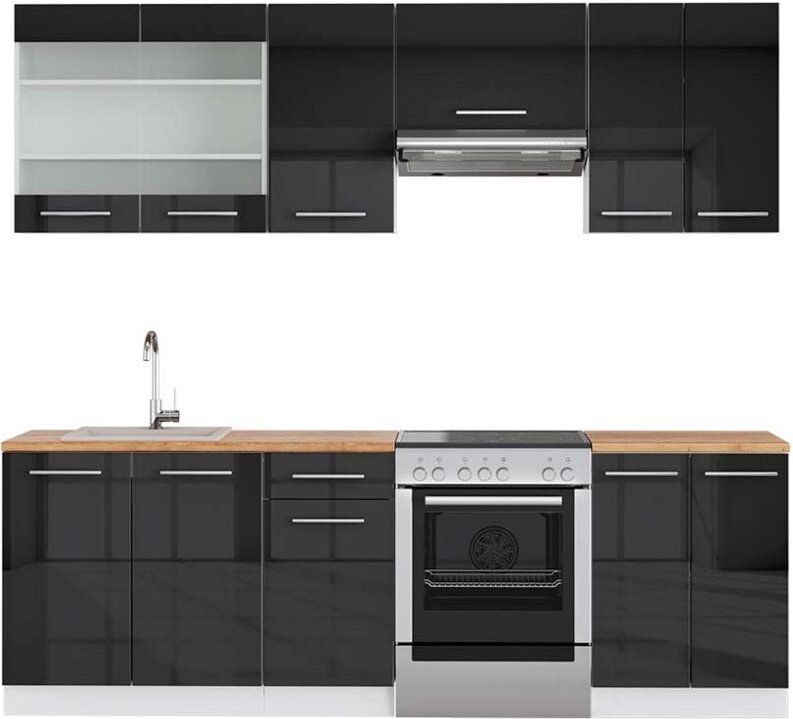 Vicco - Küchenschränke Fame-Line, Anthrazit Hochglanz/Weiß, 240 cm , ap Eiche